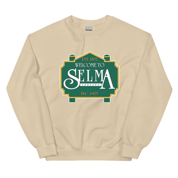 A mockup of the Welcome to Selma Sign Crewneck