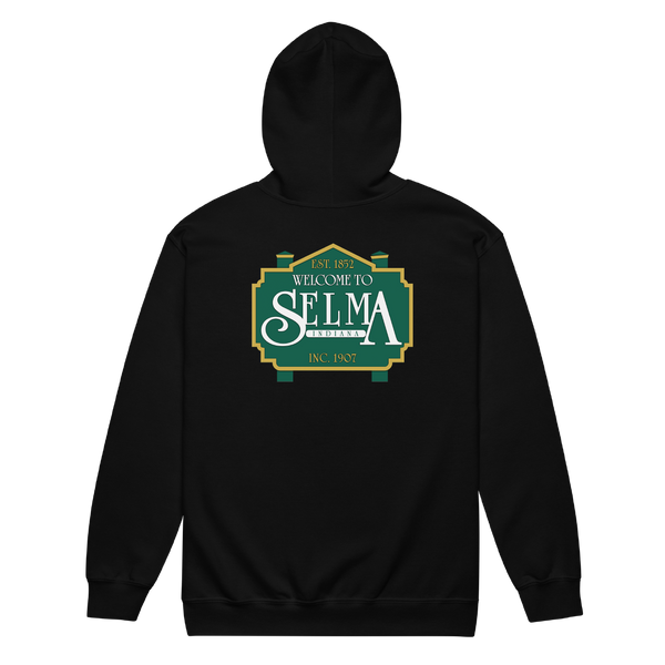 A mockup of the Welcome to Selma Sign Zipping Hoodie