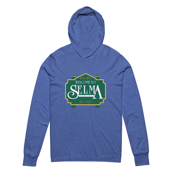 A mockup of the Welcome to Selma Sign Hooded Tee