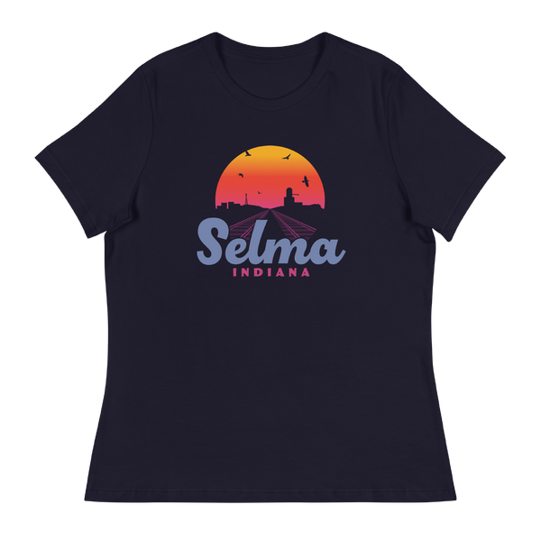A mockup of the Selma Sunrise Skyline Ladies Tee