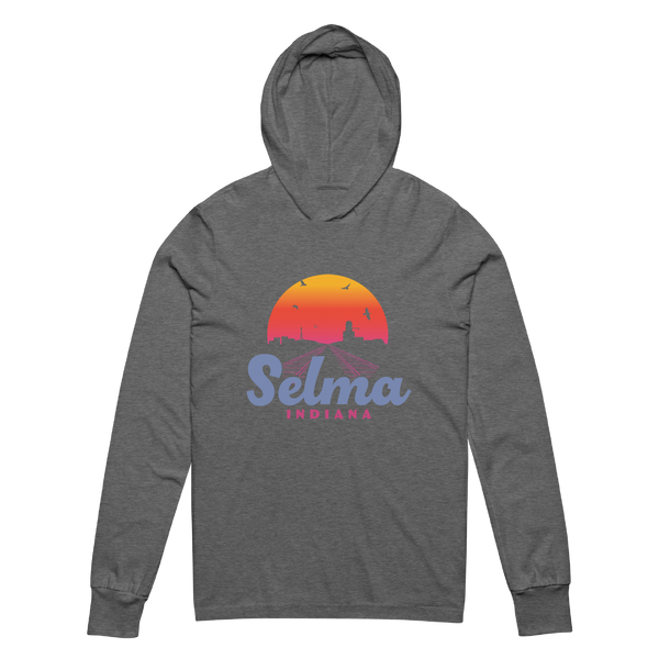 A mockup of the Selma Sunrise Skyline Hooded Tee