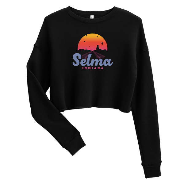 A mockup of the Selma Sunrise Skyline Ladies Cropped Crewneck