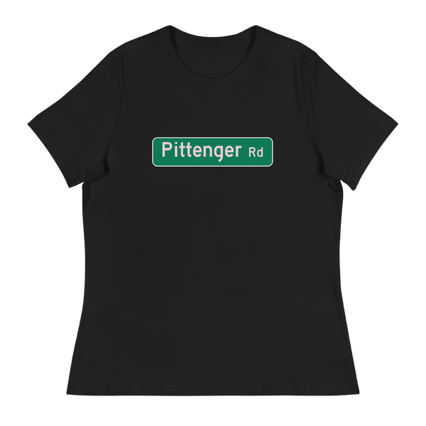 A mockup of the Pittenger Rd Street Sign Selma Ladies Tee