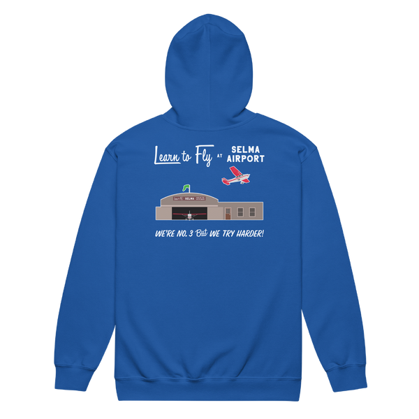 A mockup of the Selma Airport Zipping Hoodie