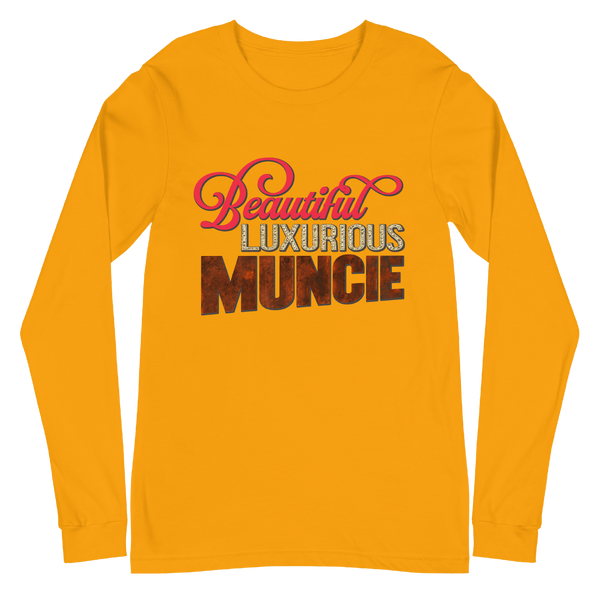 A mockup of the Beautiful Luxurious Muncie Blingly Title Long Sleeve Tee