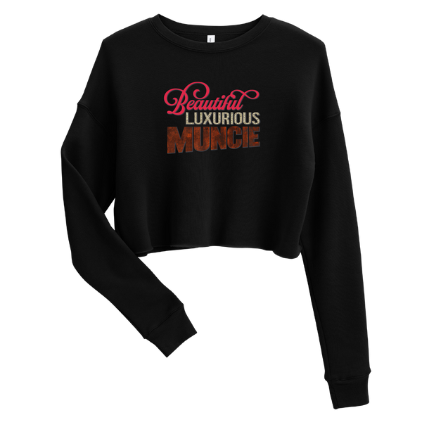 A mockup of the Beautiful Luxurious Muncie Blingly Title Ladies Cropped Crewneck