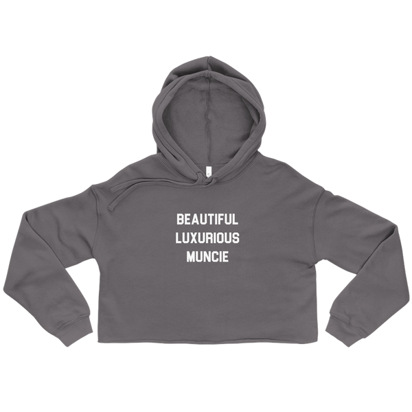 A mockup of the Beautiful Luxurious Muncie Block Text Ladies Cropped Hoodie