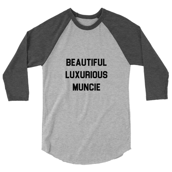 A mockup of the Beautiful Luxurious Muncie Block Text Raglan 3/4 Sleeve