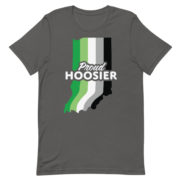 A mockup of the Proud Hoosier Aromantic T-Shirt