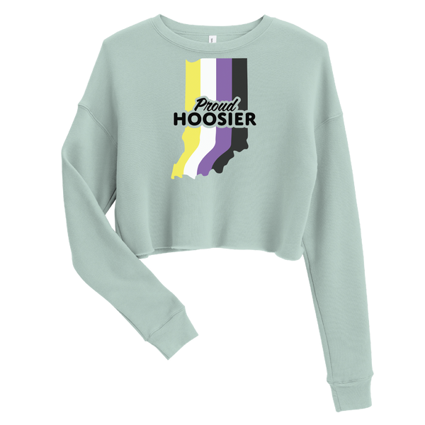 A mockup of the Proud Hoosier Non-Binary Ladies Cropped Crewneck