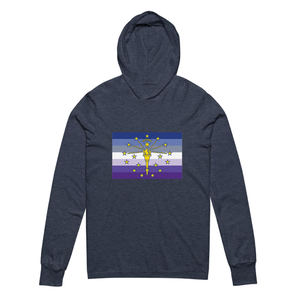 A mockup of the Butch Lesbian Indiana Pride Flag Hooded Tee