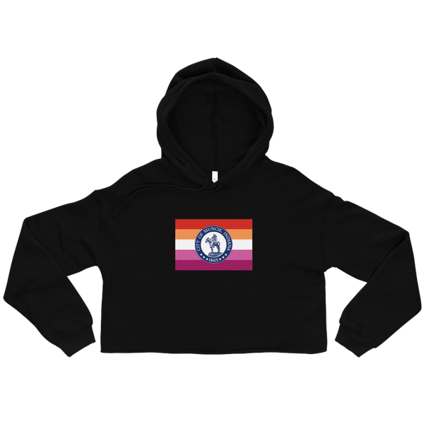 A mockup of the Lesbian Muncie Pride Flag Ladies Cropped Hoodie