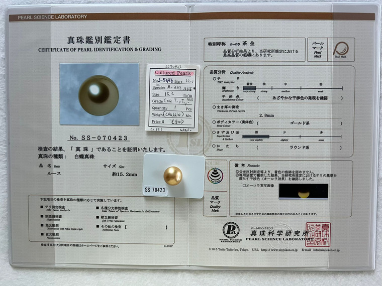 South Sea Natural Gold - 15 - - 16mm - COG TOPTOP- AAA - S-5416