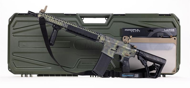Daniel Defense DDM4 AR-15 Rifle in Crocodile Rattlecan Cerakote with sling, displayed in front of Ranger Green Condition 1 hard case and Magpul DAKA pouch