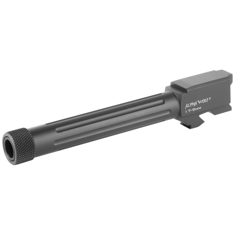 Lone Wolf Distributors, AlphaWolf Barrel, 9MM, Salt Bath Nitride Coated, Threaded/Fluted, 416R Stainless Steel, 1/2x28 TPI, For Glock 17, Includes Thread Protector