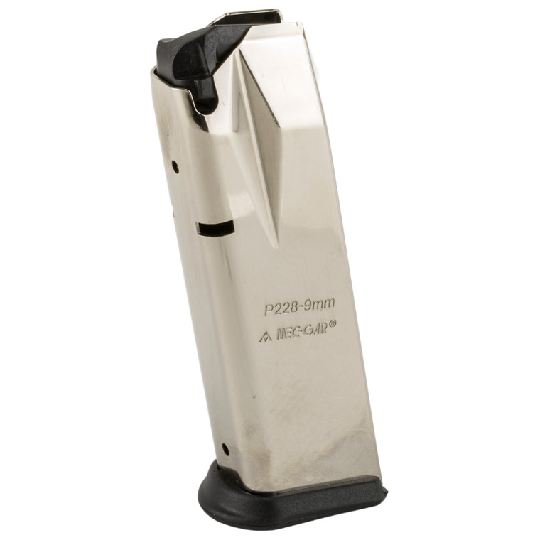 Mecgar, Pistol Magazine, 9MM, 15 Rounds, Fits Sig P228 Pistols, Steel, Silver, Nickel Finish