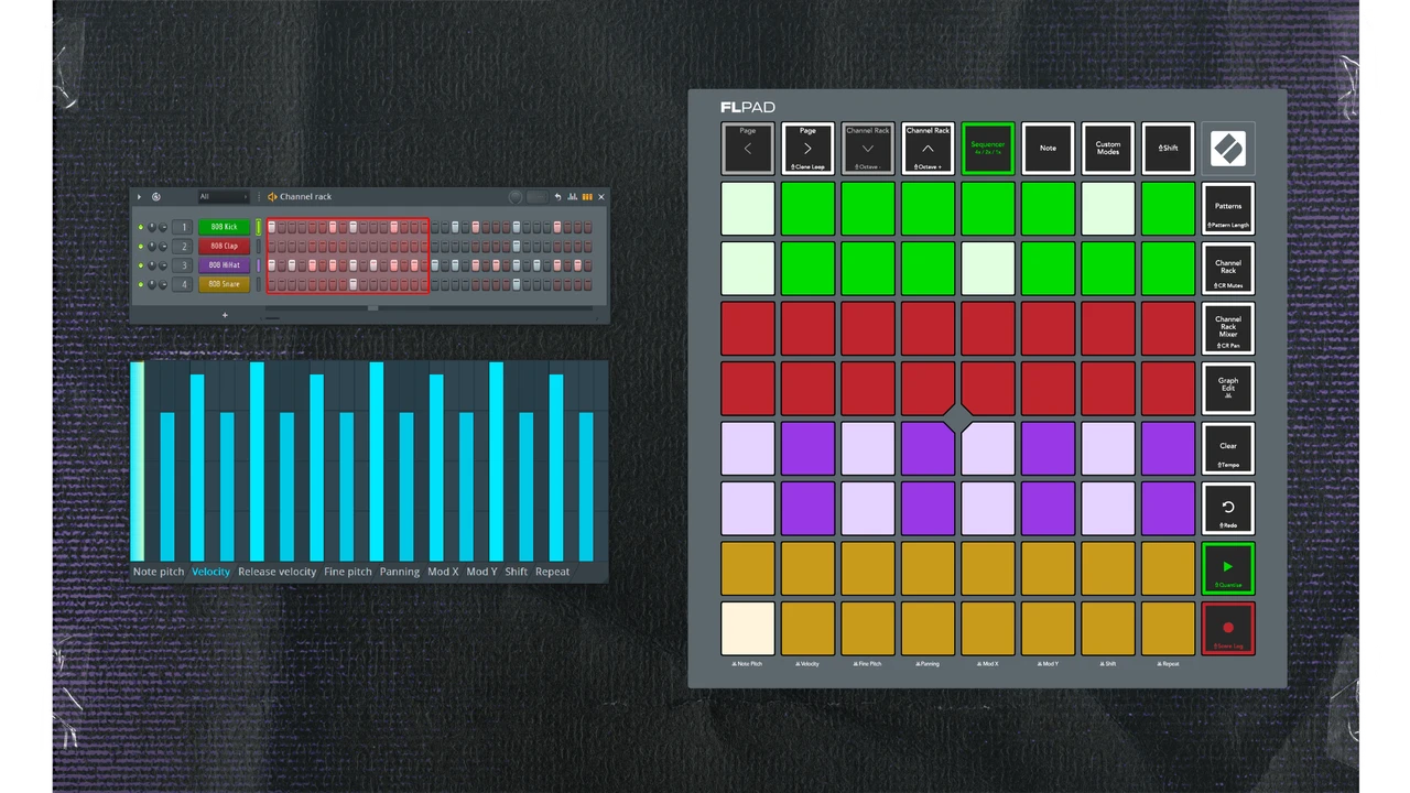 FLpad step sequencing four Channel Rack instruments, with FL Studio's Graph Editor shown alongside