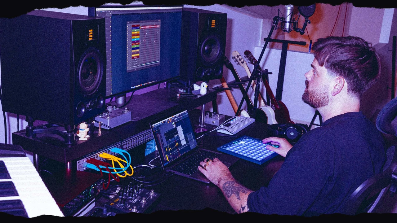 Producer playing an FLpad beside a laptop and studio monitors in a home studio