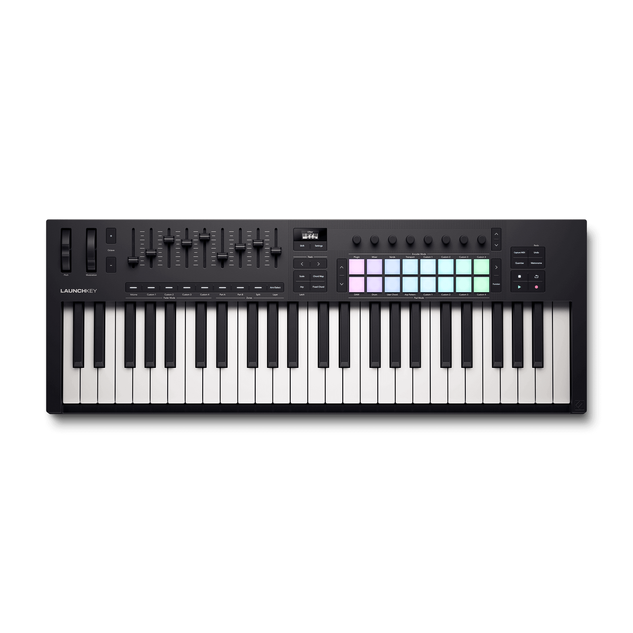 Novation Launchkey 49 MK4（49鍵と16パッドが見える上面）
