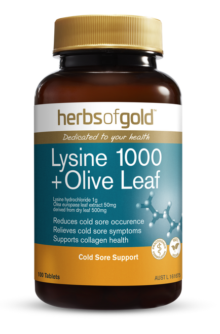 Herbs of Gold Lysine 1000 + Olive Leaf  - 100 Tablets