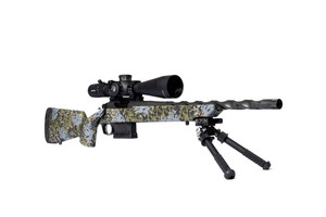 A modern rifle with a twisted barrel, camouflaged stock, and a mounted scope on a bipod, isolated on a white background. A modern rifle with a twisted barrel, camouflaged stock, and a mounted scope on a bipod, isolated on a white background.