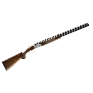 A sleek shotgun featuring a wooden stock and polished metal barrels, elegantly designed for sport shooting. A sleek shotgun featuring a wooden stock and polished metal barrels, elegantly designed for sport shooting.