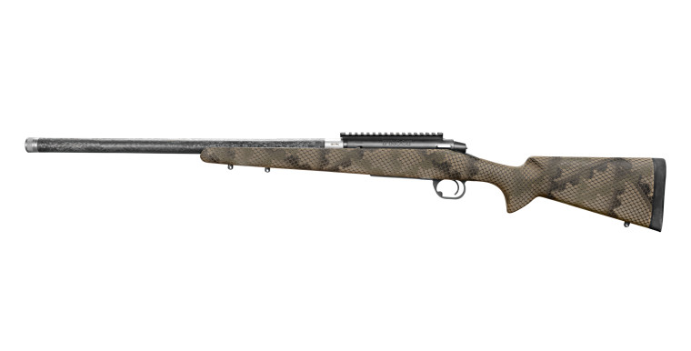 A sleek, modern rifle featuring a textured brown camo stock and a long, matte black barrel with a silver muzzle.