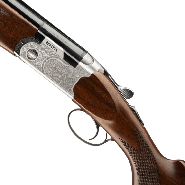 A sleek shotgun featuring a wooden stock and polished metal barrels, elegantly designed for sport shooting. A sleek shotgun featuring a wooden stock and polished metal barrels, elegantly designed for sport shooting.