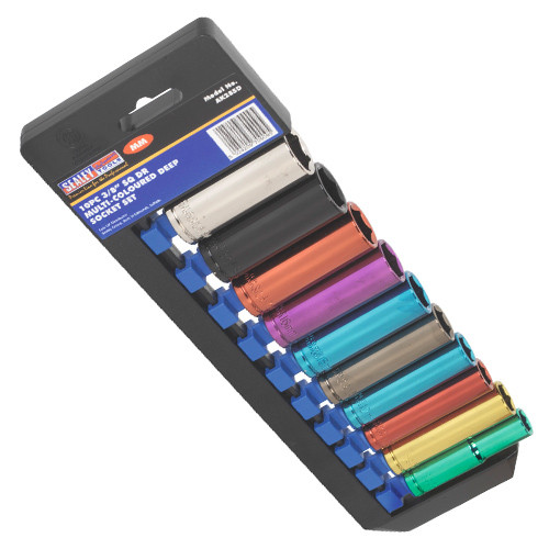 Sealey 3/8'' Square Drive Multi-Coloured 6 Point WallDrive Metric Deep Socket Set 10 Piece