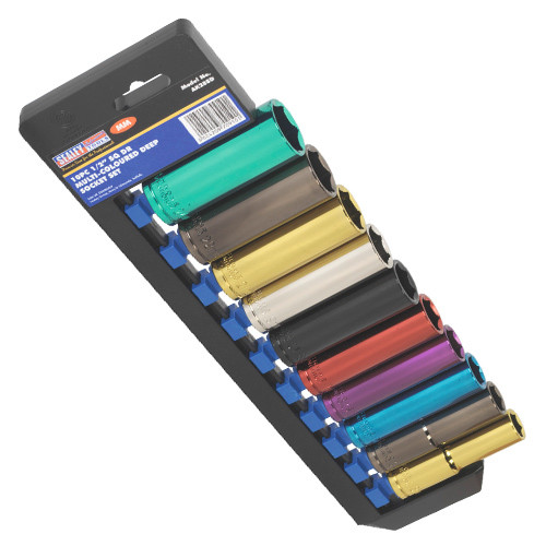 Sealey 1/2'' Square Drive Multi-Coloured 6 Point WallDrive Metric Deep Socket Set 10 Piece