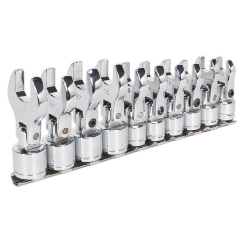 Sealey 3/8'' Square Drive Metric Flexible Crow's Foot Open End Spanner Set 10 Piece