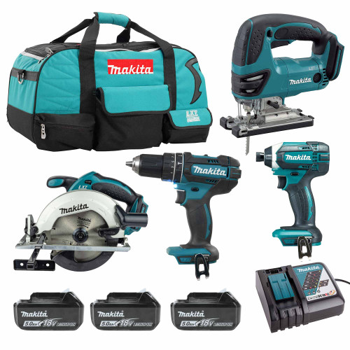 Makita 18V LXT 4 Piece Kit with 3x 5Ah Batteries, Bag and Charger