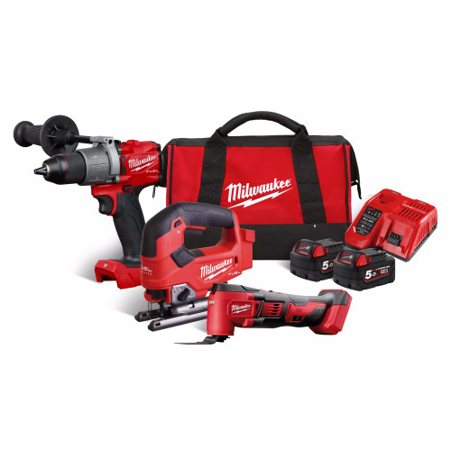 Milwaukee M18 Triple Pack with 2 x 5Ah Batteries, Charger and Bag