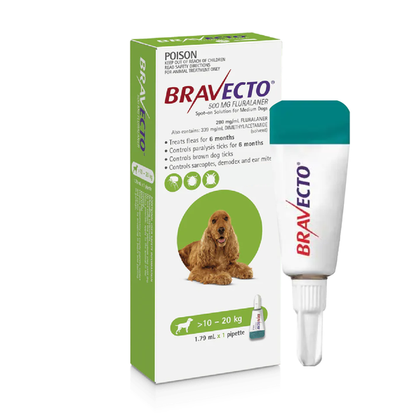 Bravecto Topical Solution for Dogs 22-44 lbs (10-20 kg) - Green 1 Dose