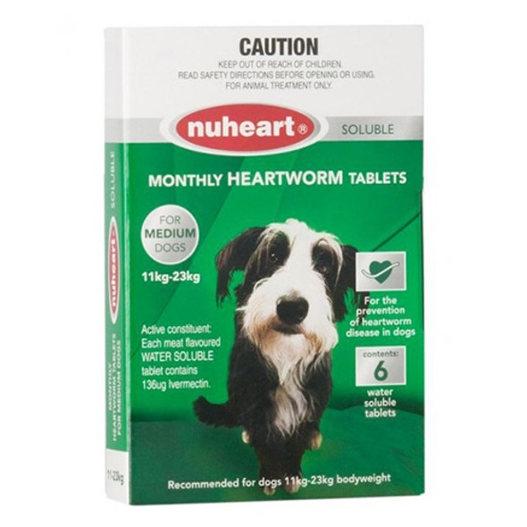 Nuheart Monthly Heartworm Soluble Tablets for Dogs 24.1-50 lbs (11 to 23 kg) - Green 6 Tablets