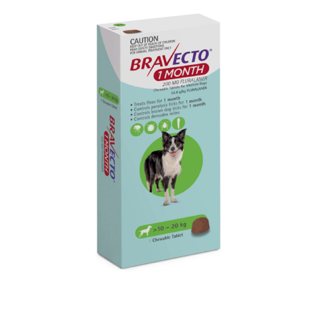 Bravecto 1 Month Flea and Tick Chew for Dogs 22-44 lbs (10-20 kg) - Green 1 Chew