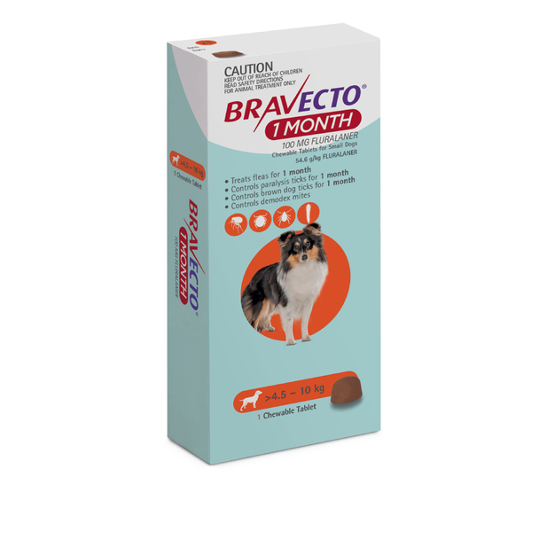 Bravecto 1 Month Flea and Tick Chew for Dogs 9.9-22 lbs (4.5-10 kg) - Orange 1 Chew