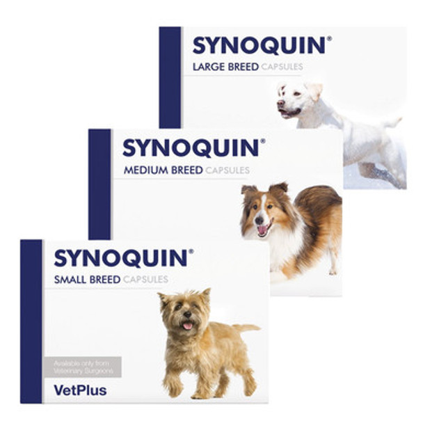 Image of of VetPlus Synoquin Capsules packs for Small, Medium, and Large Breed Dogs: Comprehensive joint support across all dog sizes for an active, healthier lifestyle