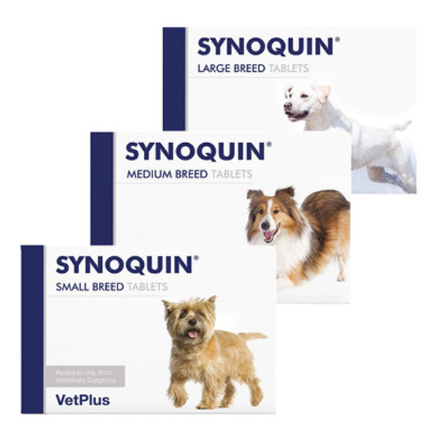 Image of Collection of VetPlus Synoquin Joint Support Tablets for Small, Medium, and Large Breed Dogs: Complete joint health solution across all sizes