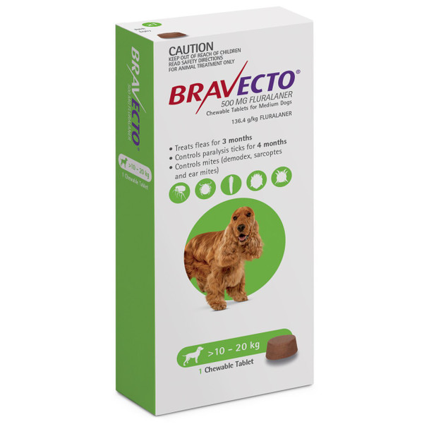 Bravecto Flea and Tick Chew for Dogs 22-44 lbs (10-20 kg) - Green 1 Chew