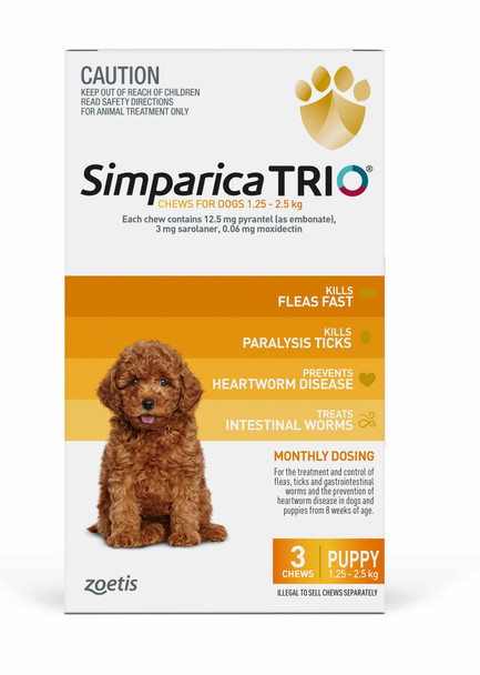 Simparica TRIO Chews for Dogs 2.8-5.5 lbs (1.3-2.5 kg) - Yellow 3 Chews