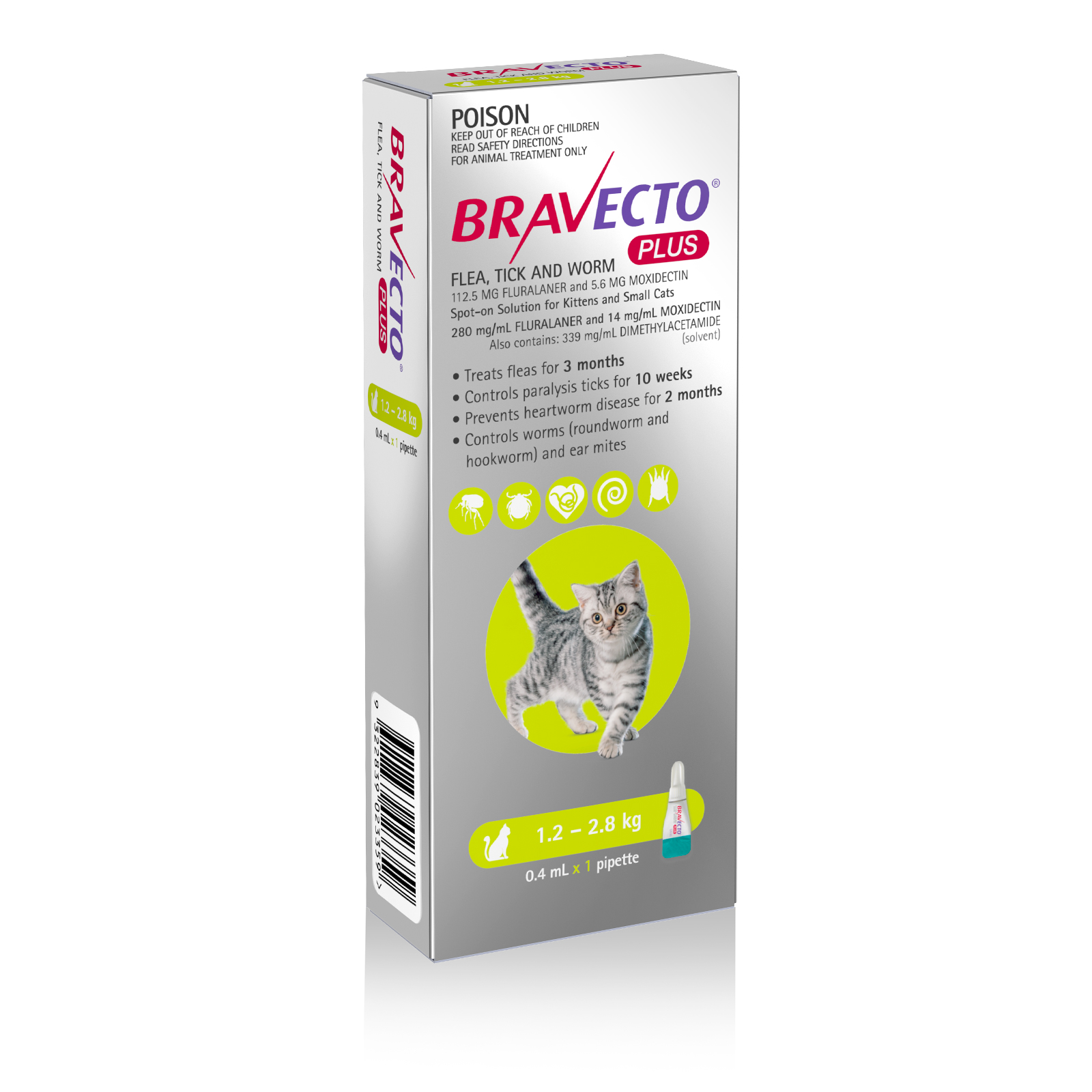 Bravecto PLUS Topical Solution for Cats 2.6-6.2 lbs (1.2-2.8 kg) - Green