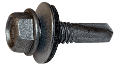 #12-24 x 7/8" Hex Washer Head Tek Screw #4 Point, Steel Silver Ruspert (1000 HR) with Neo Washer (Box of 1,500)