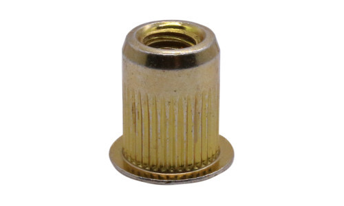 M10-1.5 x 3.56mm Threaded Insert, Small Flat Head, Ribbed, Steel, Zinc Yellow (Box of 1000)