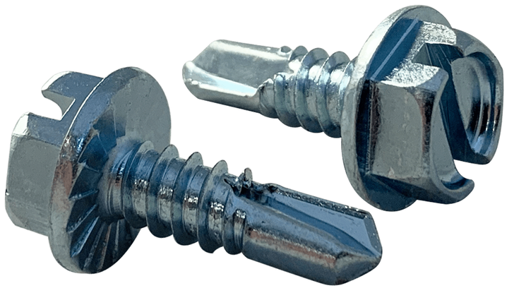 1/4"-14 x 3/4 Hex Washer Head, Serrated Slotted Tek Screw #3 Point, Steel Zinc 7/16" Hd (Box of 3000)