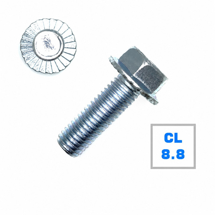 M6-1 x 10mm Class 8.8 Serrated Hex Flange Machine Bolts, Trivalent RoHS (Box of 2,700)