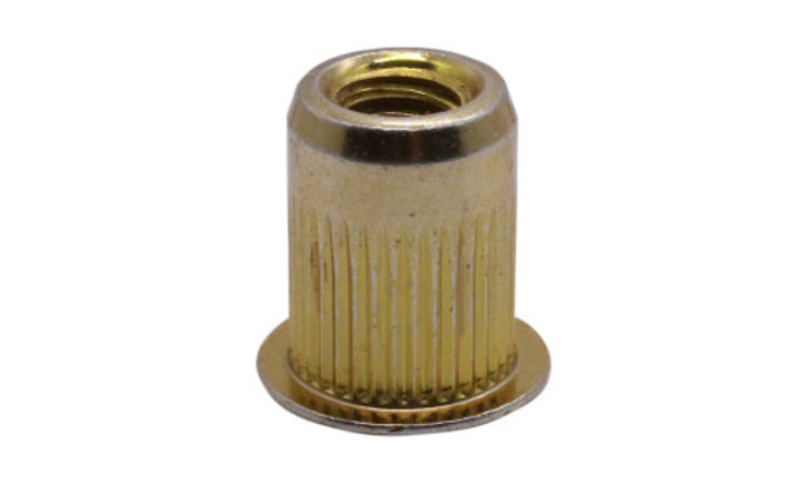 #10-24 x .130" Threaded Insert, Small Flat Head, Ribbed, Steel, Zinc Yellow (Box of 1000)