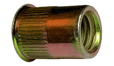 #10-32 x .130" Threaded Insert, Small Flat Head, Ribbed, Steel, Zinc Yellow (Box of 1000)