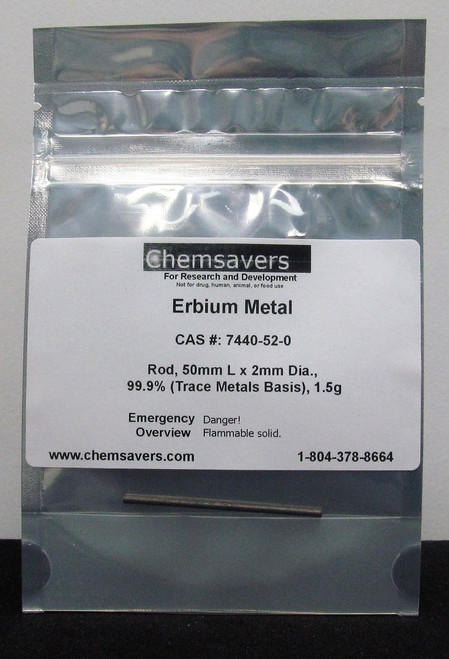 Erbium Metal, Rod, 50mm Length x 2mm Dia., 99.9% (Trace Metals Basis), 1.5g