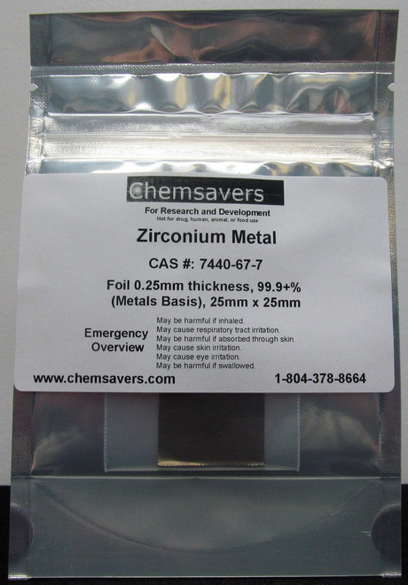 Zirconium Metal, Foil 0.25mm thickness, 99.9+% (Metals Basis), 25mm x 25mm